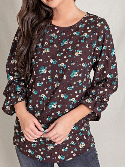 Boho Retro Woven Ditsy Floral Shirred Ruffle Woven Long Sleeve Blouse Top |  Small -3 XL