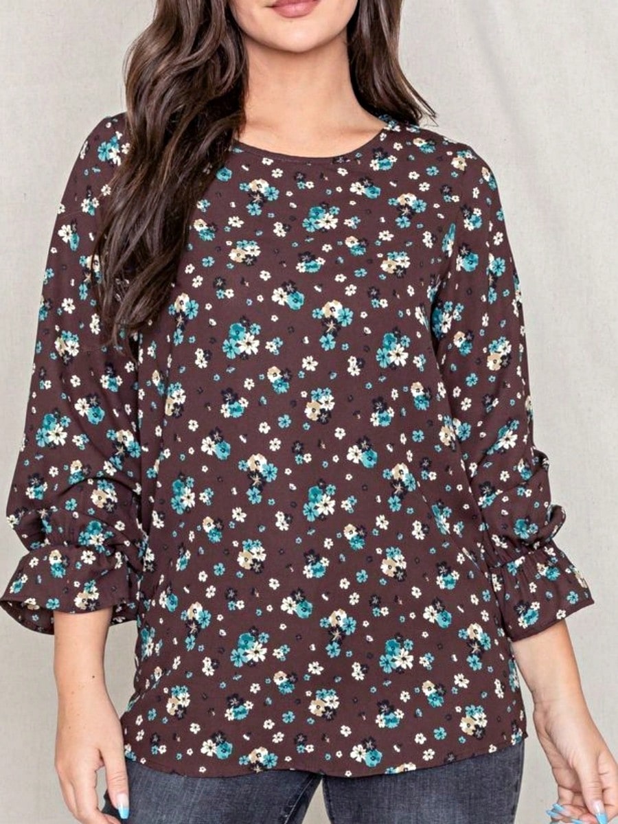 Boho Retro Woven Ditsy Floral Shirred Ruffle Woven Long Sleeve Blouse Top |  Small -3 XL