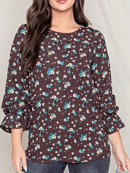 Boho Retro Woven Ditsy Floral Shirred Ruffle Woven Long Sleeve Blouse Top |  Small -3 XL
