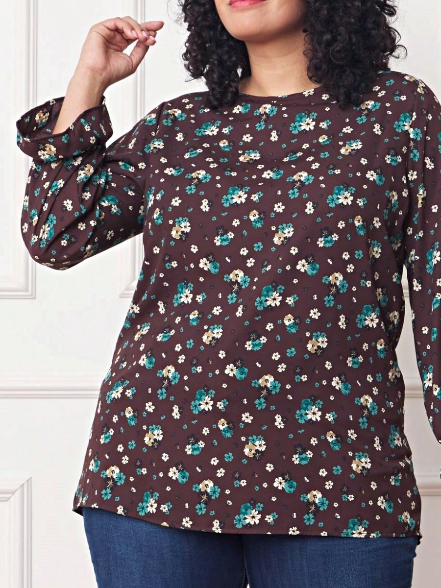 Boho Retro Woven Ditsy Floral Shirred Ruffle Woven Long Sleeve Blouse Top |  Small -3 XL