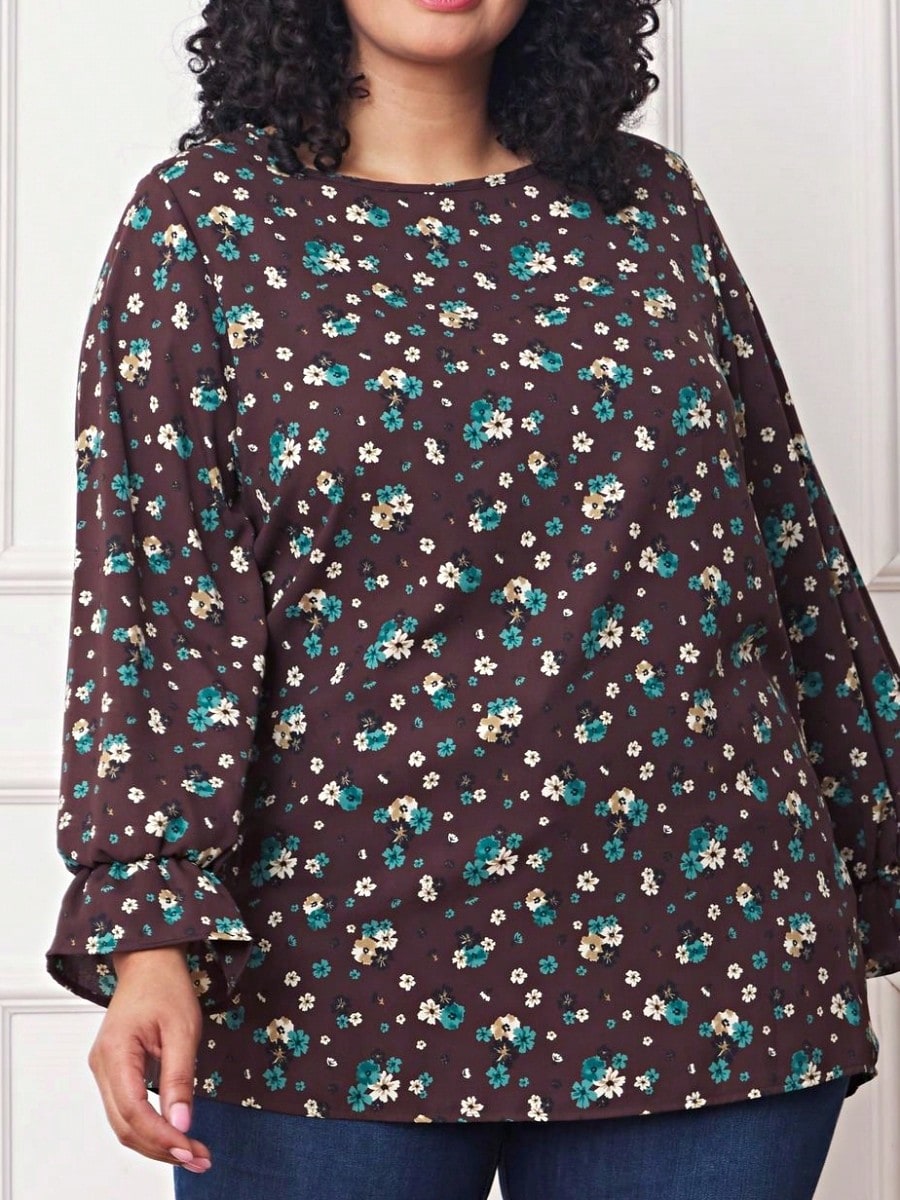 Boho Retro Woven Ditsy Floral Shirred Ruffle Woven Long Sleeve Blouse Top |  Small -3 XL