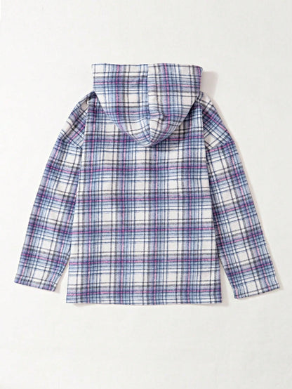 Boho Retro Vintage 90's Beige Blue Button Hooded Plaid Drop Shoulder Anorak Kangaroo Pocket Sweatshirt Pullover Hoodie