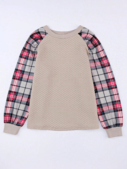 Boho Retro Vintage 90's Shirred Raglan Plaid Shoulder  Long Sleeve  Quilted Top Shirt Sweatshirt Pullover
