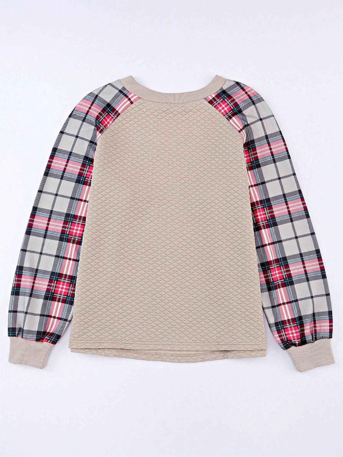 Boho Retro Vintage 90's Shirred Raglan Plaid Shoulder  Long Sleeve  Quilted Top Shirt Sweatshirt Pullover