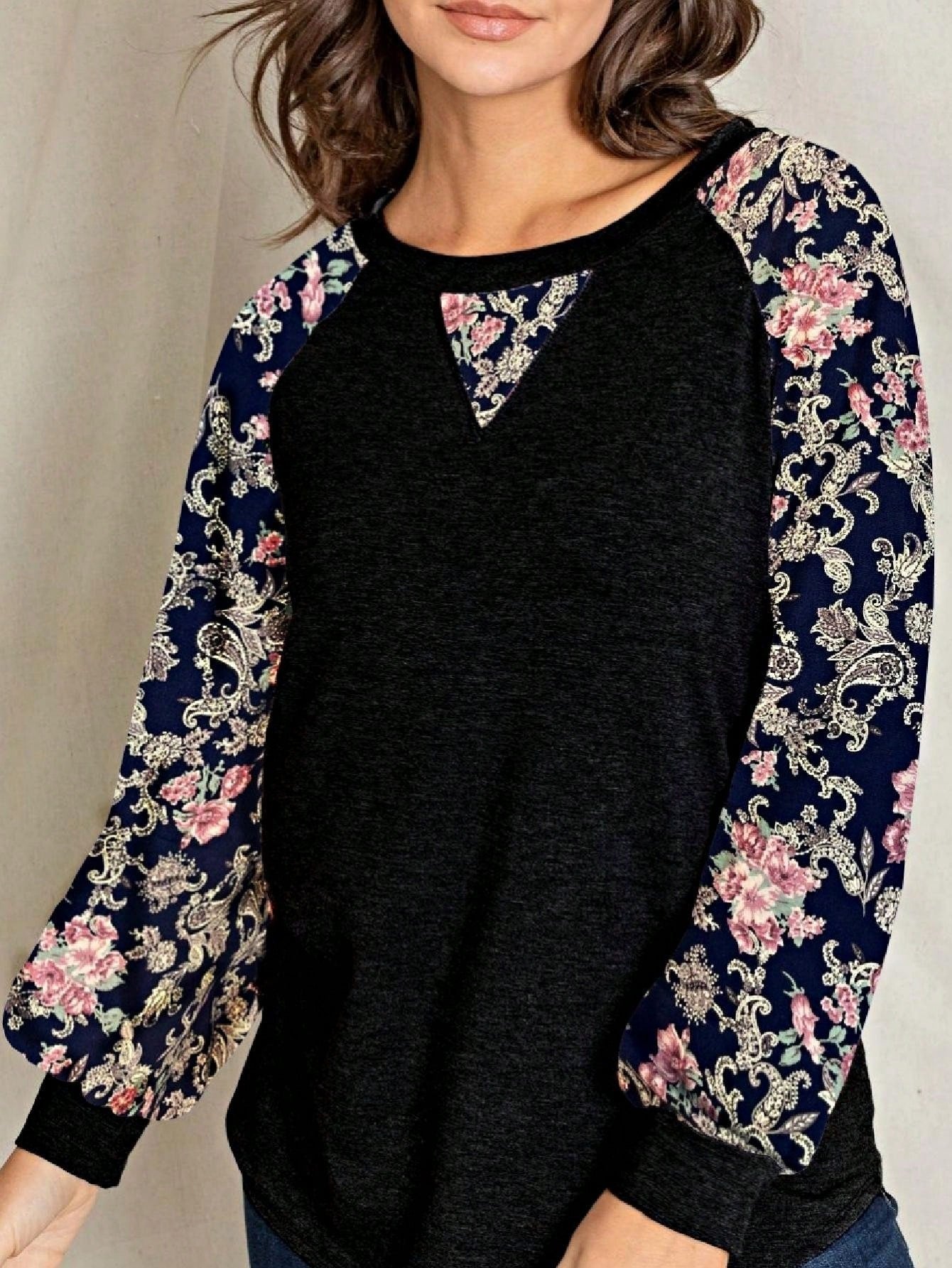 Boho Retro 90's Vintage  Preppy V Stitch  Stripe Knit Contrast Binding Brushed Soft Floral Raglan Sleeve Tunic Top Pullover Only