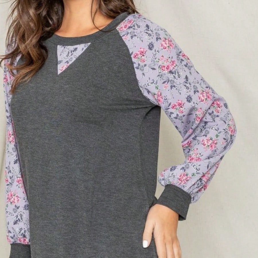 Boho Retro 90's Vintage  Preppy V Stitch  Stripe Knit Contrast Binding Brushed Soft Floral Raglan Sleeve Tunic Top Pullover Only