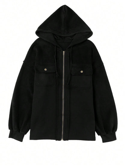Boho Retro 90's Oversized Puff Bishop Drop Shoulder Sleeve Pocket Front Zip Up Cotton Canvas Inside Out Hooded Jacket