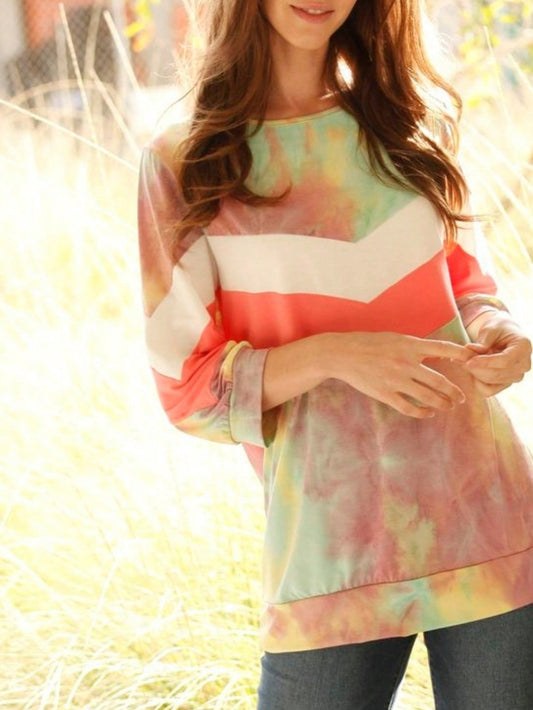 Boho Retro 90's Vintage  Tied Die  V Zig Zag Chevron Color Block  Stripe Knit Contrast Binding Brushed Soft Half Sleeve Tunic Top Pullover