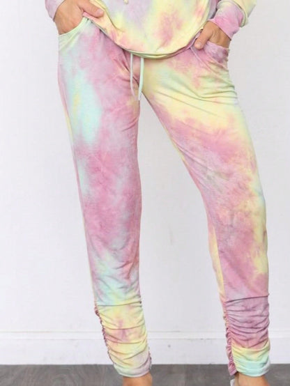 Boho Retro 90's Tie Dye Pink Blue Solid Olive Navy Black Charcoal  Grey Shirred Ruched Cuff  Jogger Pants With Drawstring And Pocket