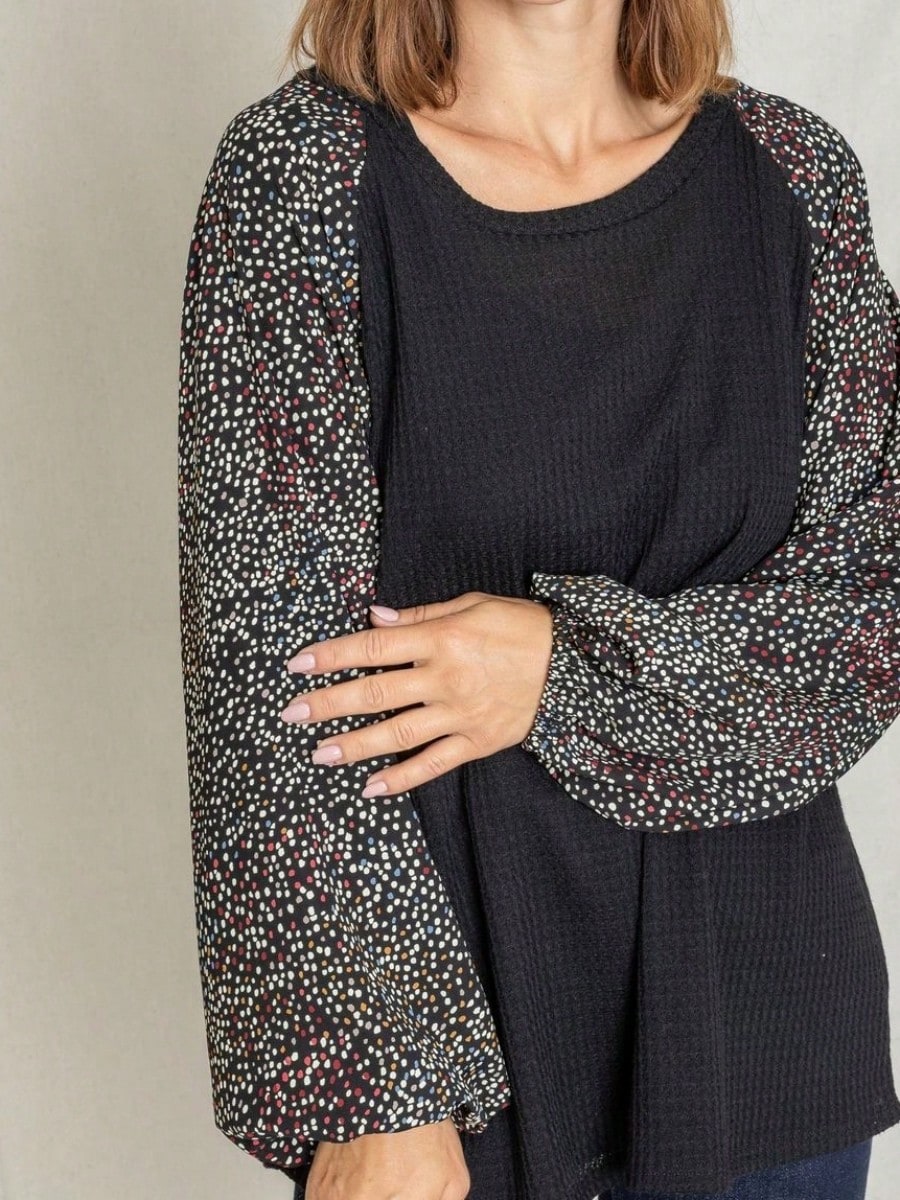 Navy Blue Boho Retro 90's Vintage Sleeve Dot Print Knit Contrast Binding Waffle  Soft Floral Raglan Sleeve Tunic Top Pullover