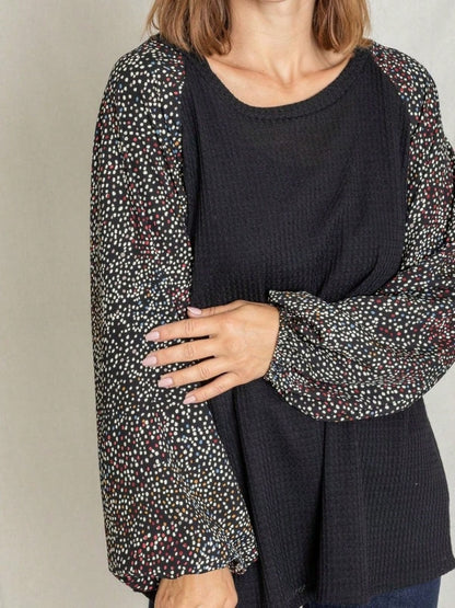 Navy Blue Boho Retro 90's Vintage Sleeve Dot Print Knit Contrast Binding Waffle  Soft Floral Raglan Sleeve Tunic Top Pullover