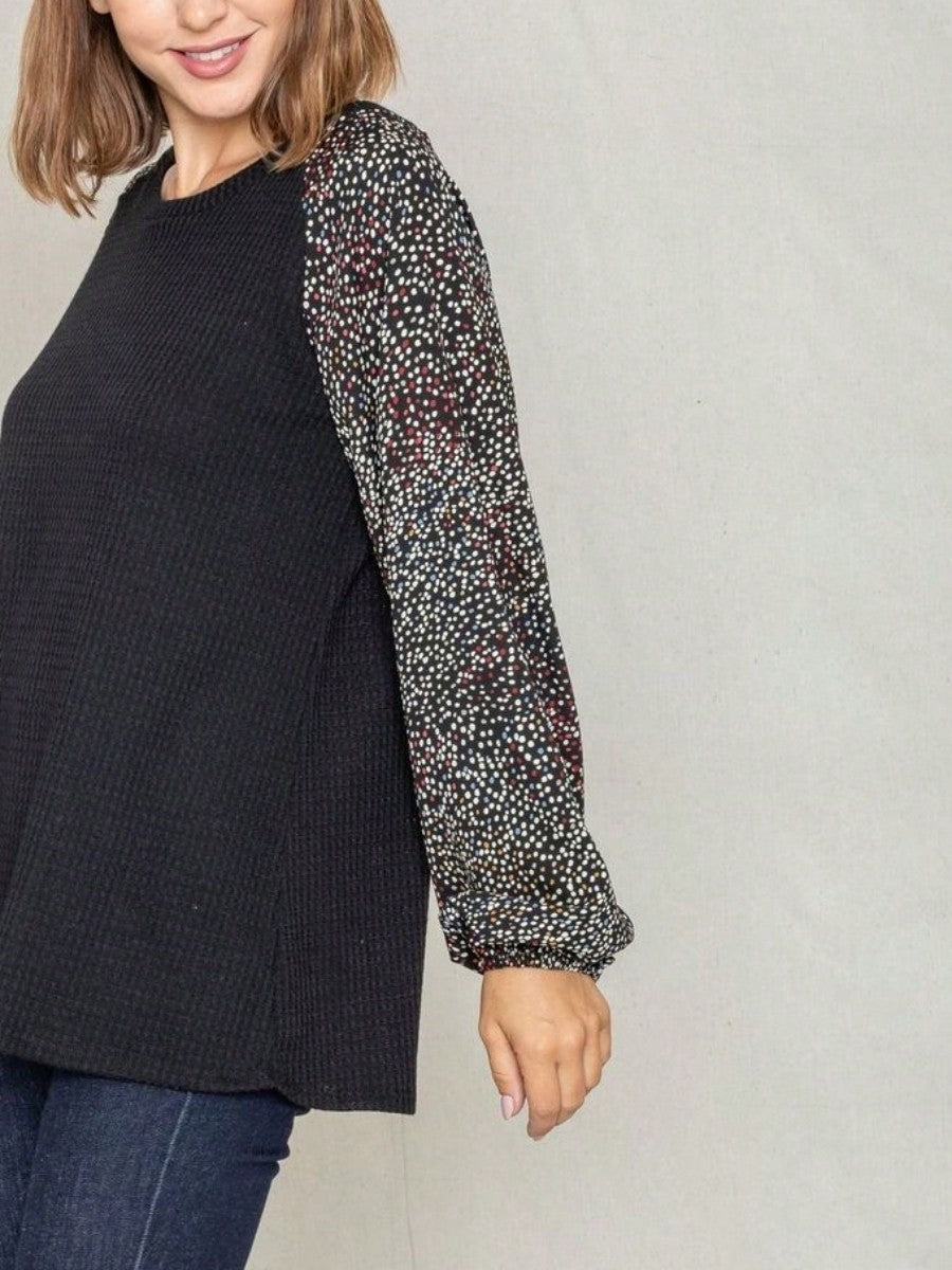Navy Blue Boho Retro 90's Vintage Sleeve Dot Print Knit Contrast Binding Waffle  Soft Floral Raglan Sleeve Tunic Top Pullover