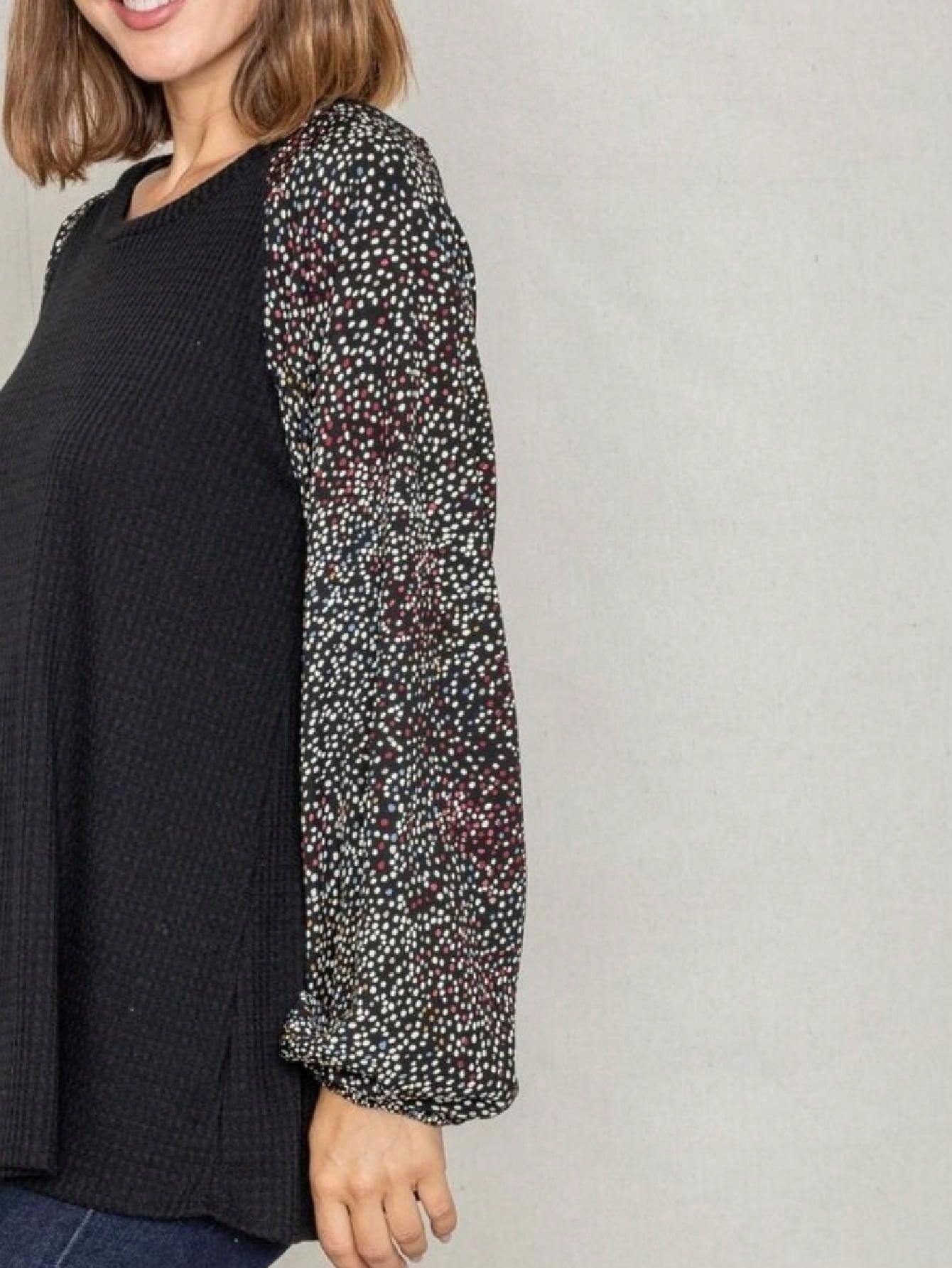 Navy Blue Boho Retro 90's Vintage Sleeve Dot Print Knit Contrast Binding Waffle  Soft Floral Raglan Sleeve Tunic Top Pullover
