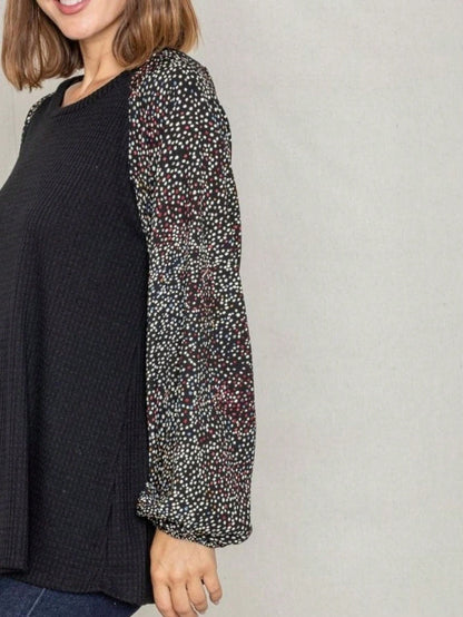 Navy Blue Boho Retro 90's Vintage Sleeve Dot Print Knit Contrast Binding Waffle  Soft Floral Raglan Sleeve Tunic Top Pullover