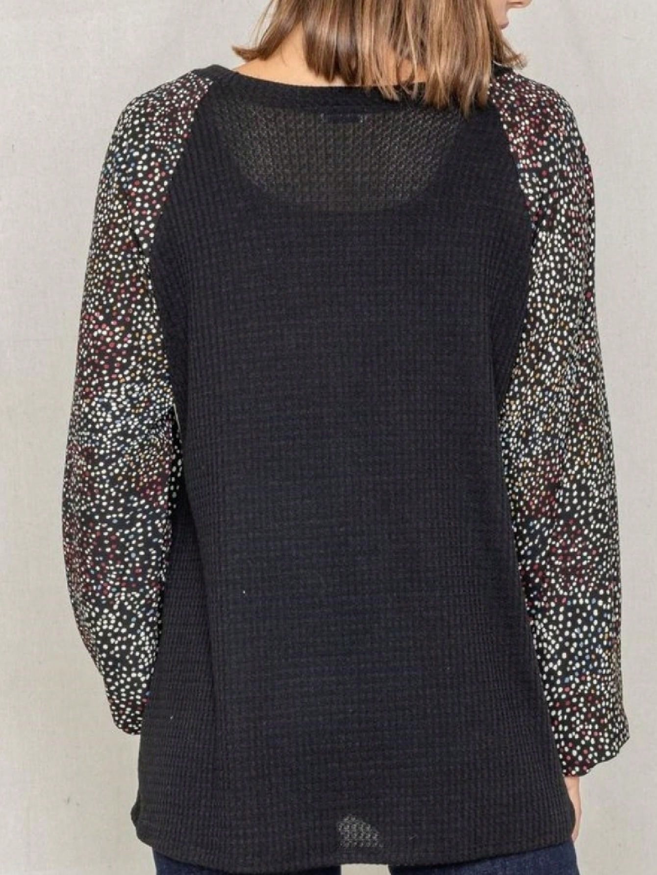Navy Blue Boho Retro 90's Vintage Sleeve Dot Print Knit Contrast Binding Waffle  Soft Floral Raglan Sleeve Tunic Top Pullover