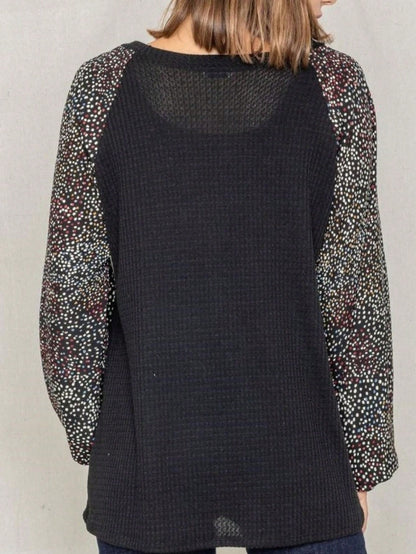 Navy Blue Boho Retro 90's Vintage Sleeve Dot Print Knit Contrast Binding Waffle  Soft Floral Raglan Sleeve Tunic Top Pullover