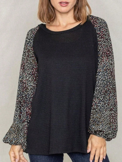 Navy Blue Boho Retro 90's Vintage Sleeve Dot Print Knit Contrast Binding Waffle  Soft Floral Raglan Sleeve Tunic Top Pullover