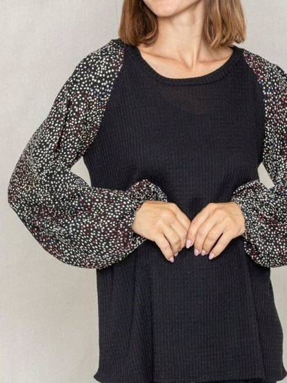 Navy Blue Boho Retro 90's Vintage Sleeve Dot Print Knit Contrast Binding Waffle  Soft Floral Raglan Sleeve Tunic Top Pullover