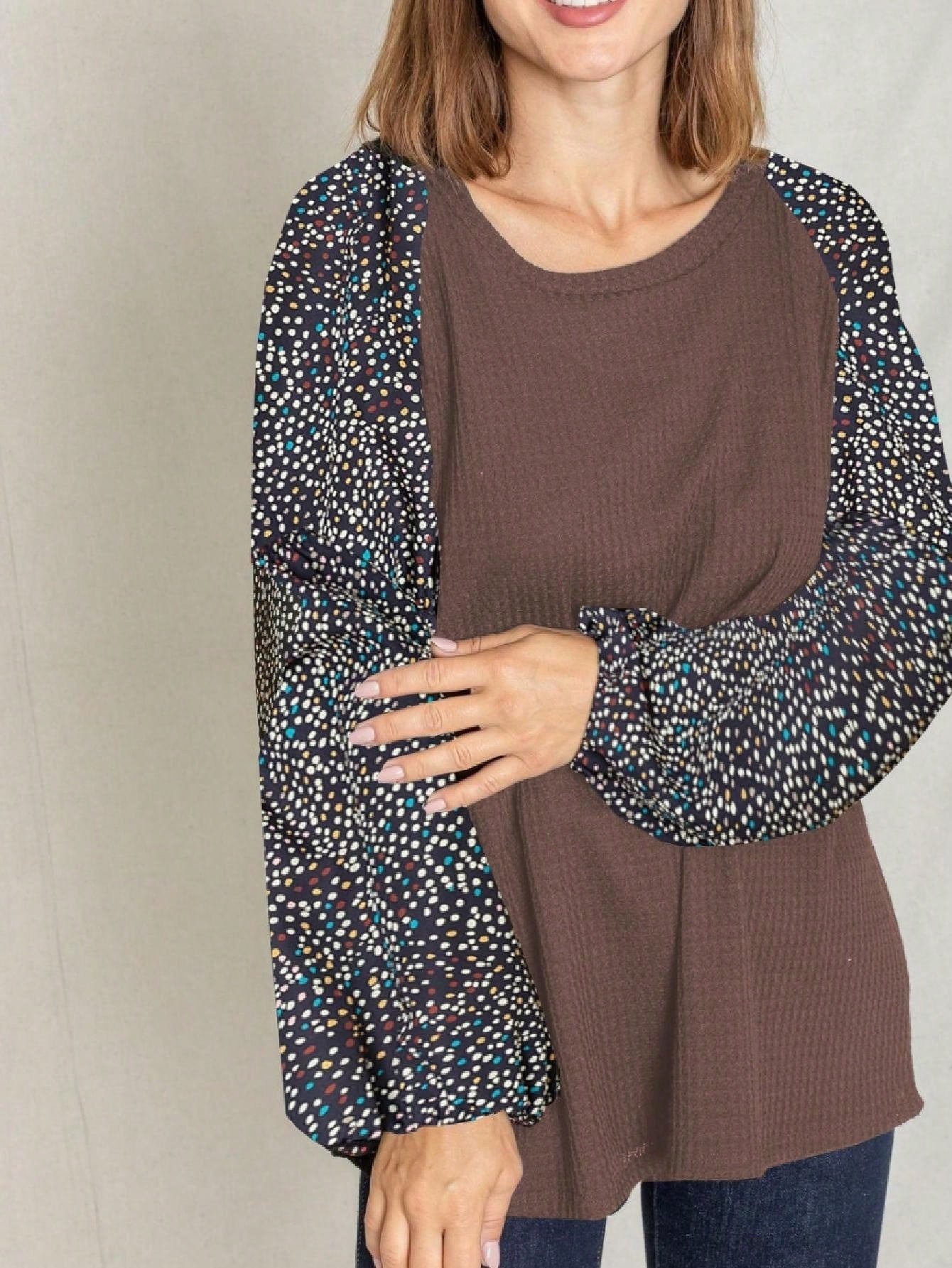 Navy Blue Boho Retro 90's Vintage Sleeve Dot Print Knit Contrast Binding Waffle  Soft Floral Raglan Sleeve Tunic Top Pullover
