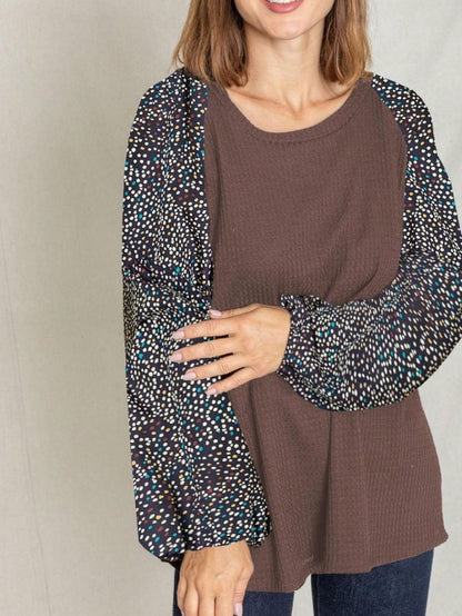 Navy Blue Boho Retro 90's Vintage Sleeve Dot Print Knit Contrast Binding Waffle  Soft Floral Raglan Sleeve Tunic Top Pullover