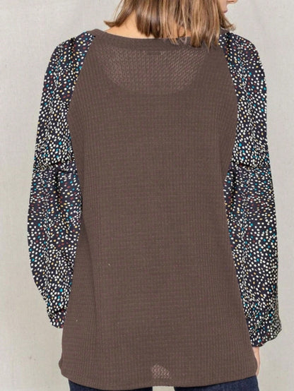 Navy Blue Boho Retro 90's Vintage Sleeve Dot Print Knit Contrast Binding Waffle  Soft Floral Raglan Sleeve Tunic Top Pullover