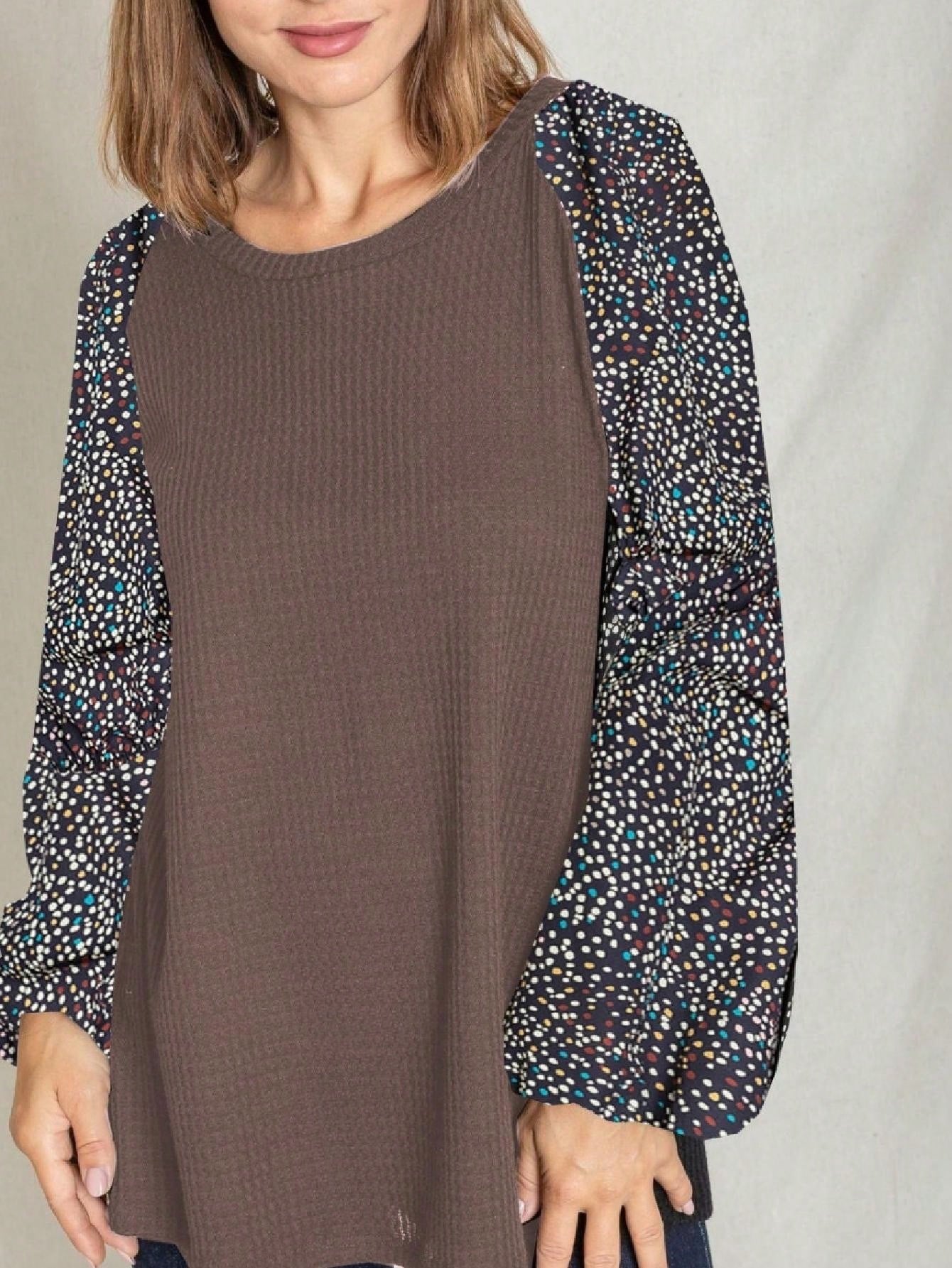 Navy Blue Boho Retro 90's Vintage Sleeve Dot Print Knit Contrast Binding Waffle  Soft Floral Raglan Sleeve Tunic Top Pullover