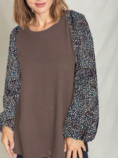 Navy Blue Boho Retro 90's Vintage Sleeve Dot Print Knit Contrast Binding Waffle  Soft Floral Raglan Sleeve Tunic Top Pullover