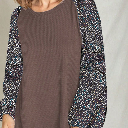 Navy Blue Boho Retro 90's Vintage Sleeve Dot Print Knit Contrast Binding Waffle  Soft Floral Raglan Sleeve Tunic Top Pullover