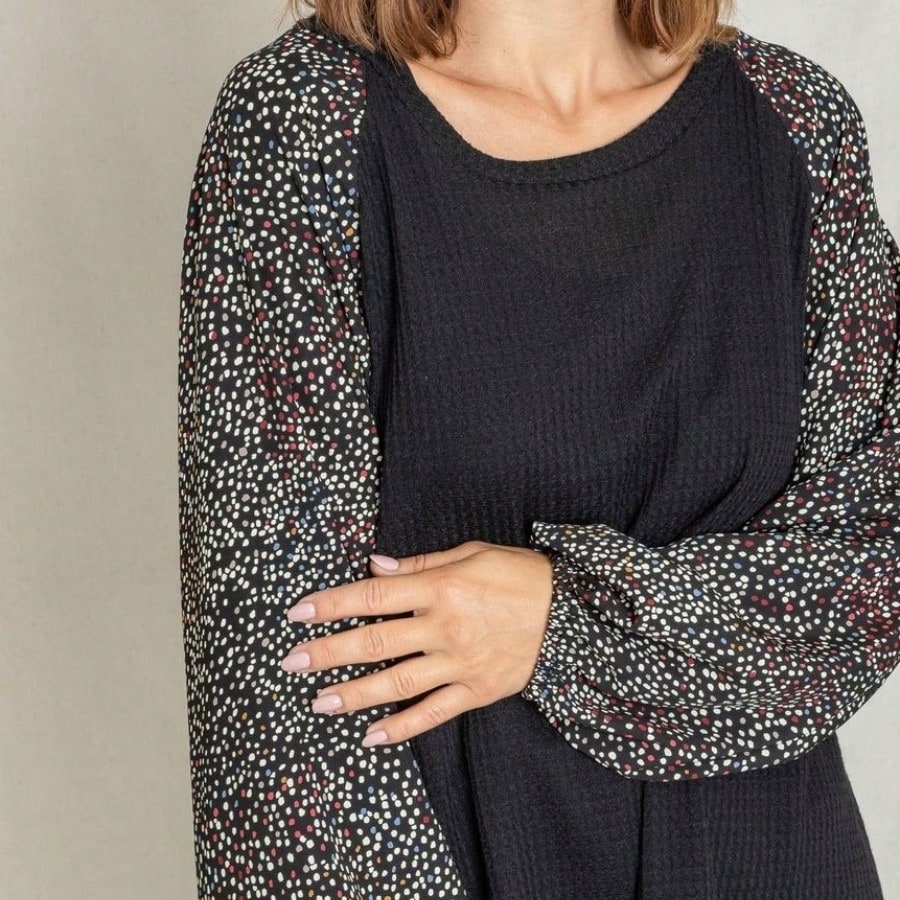 Navy Blue Boho Retro 90's Vintage Sleeve Dot Print Knit Contrast Binding Waffle  Soft Floral Raglan Sleeve Tunic Top Pullover