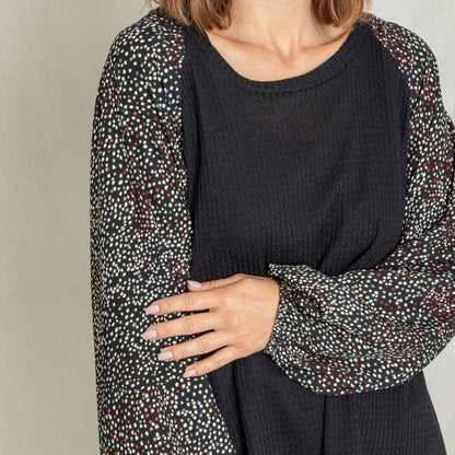 Navy Blue Boho Retro 90's Vintage Sleeve Dot Print Knit Contrast Binding Waffle  Soft Floral Raglan Sleeve Tunic Top Pullover