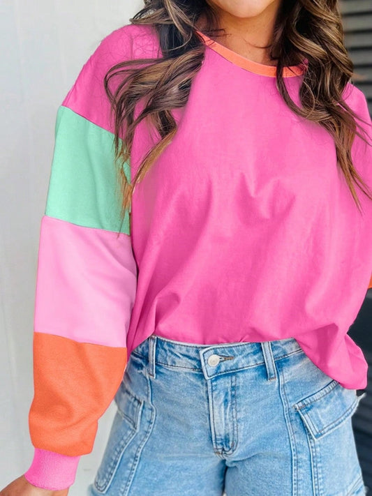 Boho Retro Vintage 90's Vibe Rose Green Blue Cotton Drop Shoulder Color Block Sleeve Top Shirt Blouse