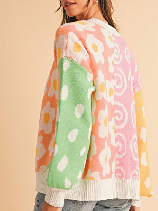 Boho Retro Vintage 60's  Drop Shoulder Viscose Bubble Puff  Sleeve  Floral Floral  Swirl Patchwork  Sweater Cardigan