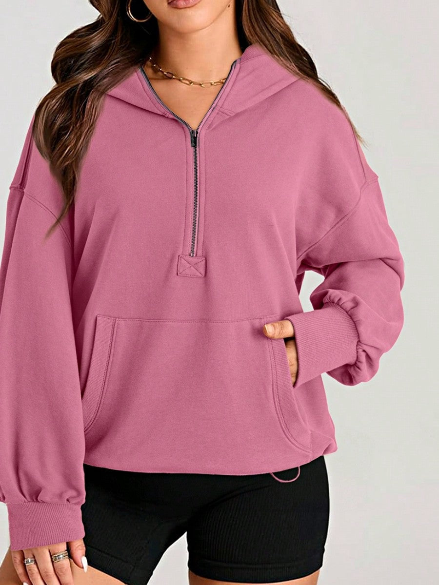 Boho Retro Vintage 90's Cotton  Solid Kangaroo Front Pocket Long Sleeve Zip Up Top Sweatshirt Hoodie Pullover Hooded