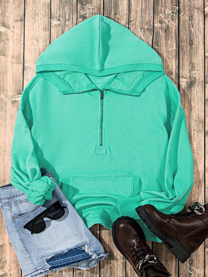 Boho Retro Vintage 90's Cotton  Solid Kangaroo Front Pocket Long Sleeve Zip Up Top Sweatshirt Hoodie Pullover Hooded