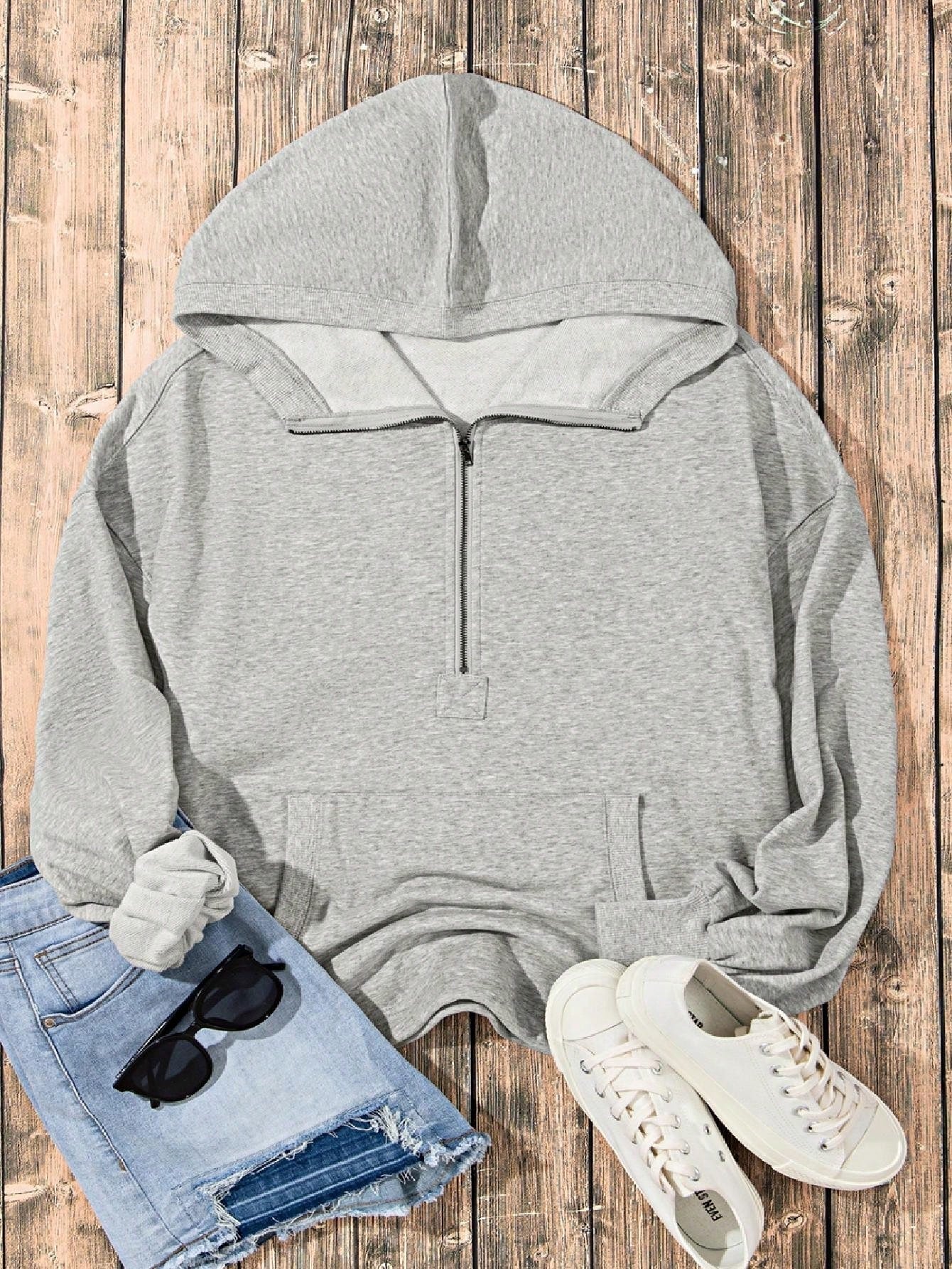 Boho Retro Vintage 90's Cotton  Solid Kangaroo Front Pocket Long Sleeve Zip Up Top Sweatshirt Hoodie Pullover Hooded