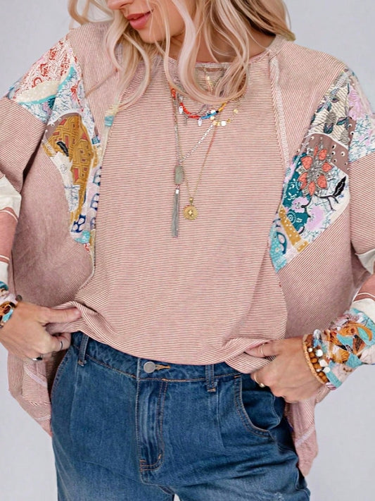 Boho Retro Vintage 90's Pink Stripe Drop Shoulder Color Block Sleeve Top Shirt Oversized Tunic