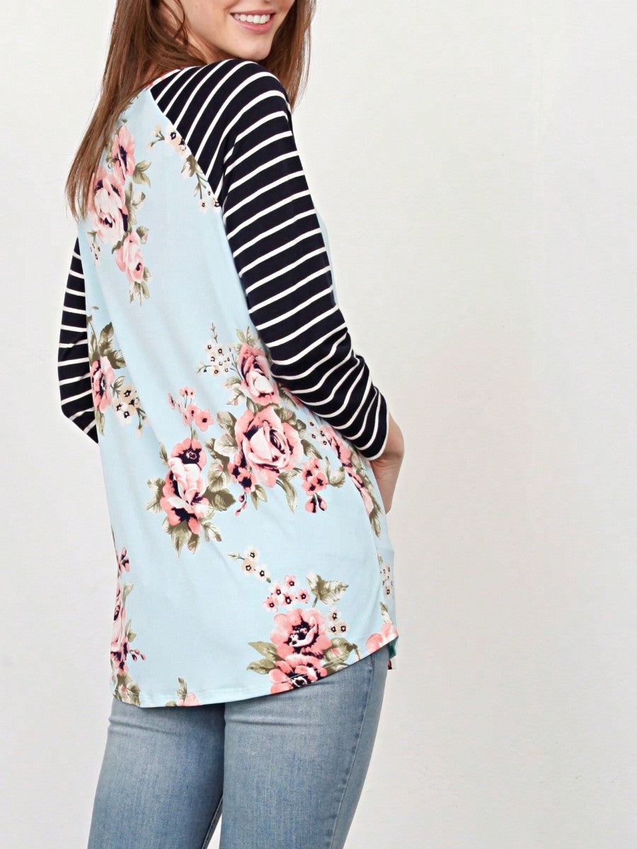 Boho Retro 90's Floral Sequin Plaid Checker Pocket Soft Stripe RaglanTunic Top Shirt Pull Over