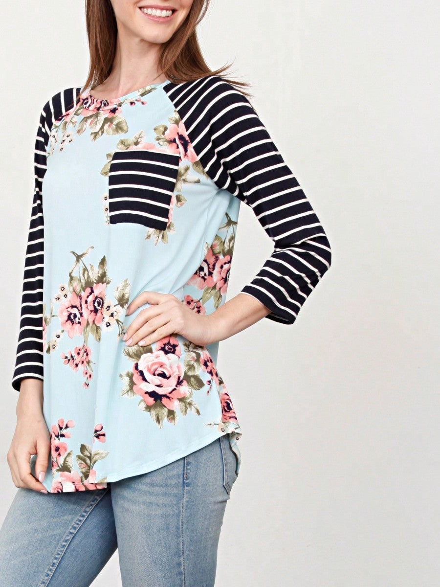 Boho Retro 90's Floral Sequin Plaid Checker Pocket Soft Stripe RaglanTunic Top Shirt Pull Over
