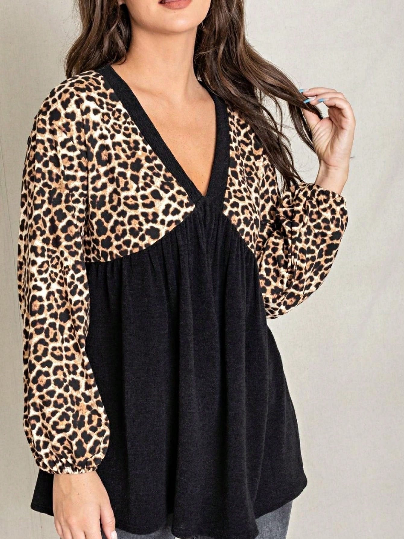 Boho Retro 90's Vintage Leopard Black Brown V Neck Empire Waist  Bubble Puff Long Sleeve Tunic Top