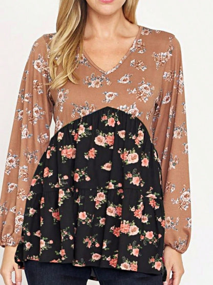 Boho Retro 90's Vintage Ditsy Floral V Neck Empire Waist  Bubble Puff Long Sleeve Tunic Top