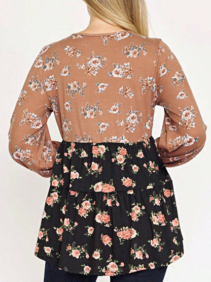 Boho Retro 90's Vintage Ditsy Floral V Neck Empire Waist  Bubble Puff Long Sleeve Tunic Top