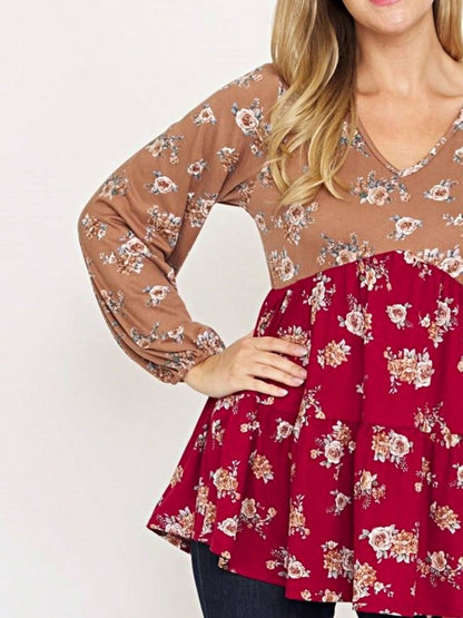 Boho Retro 90's Vintage Ditsy Floral V Neck Empire Waist  Bubble Puff Long Sleeve Tunic Top