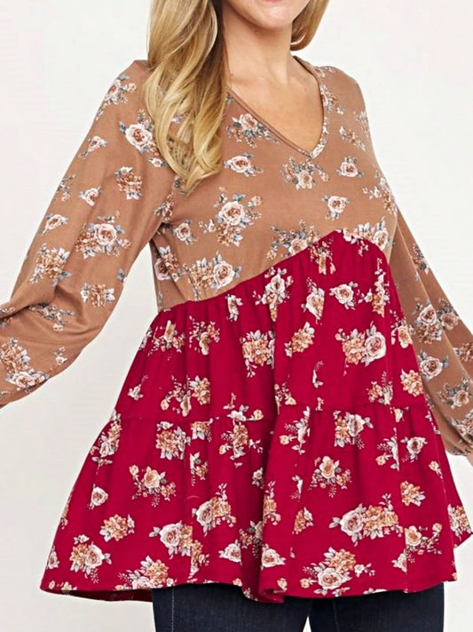 Boho Retro 90's Vintage Ditsy Floral V Neck Empire Waist  Bubble Puff Long Sleeve Tunic Top