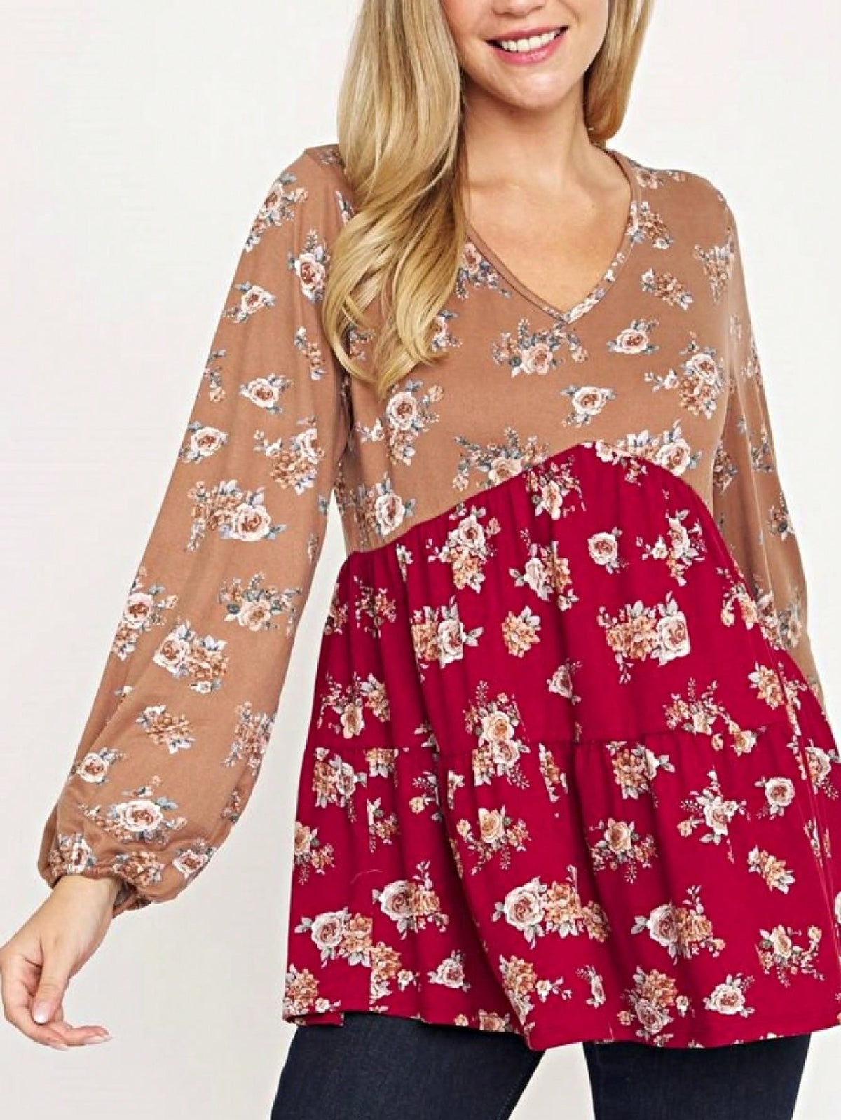 Boho Retro 90's Vintage Ditsy Floral V Neck Empire Waist  Bubble Puff Long Sleeve Tunic Top