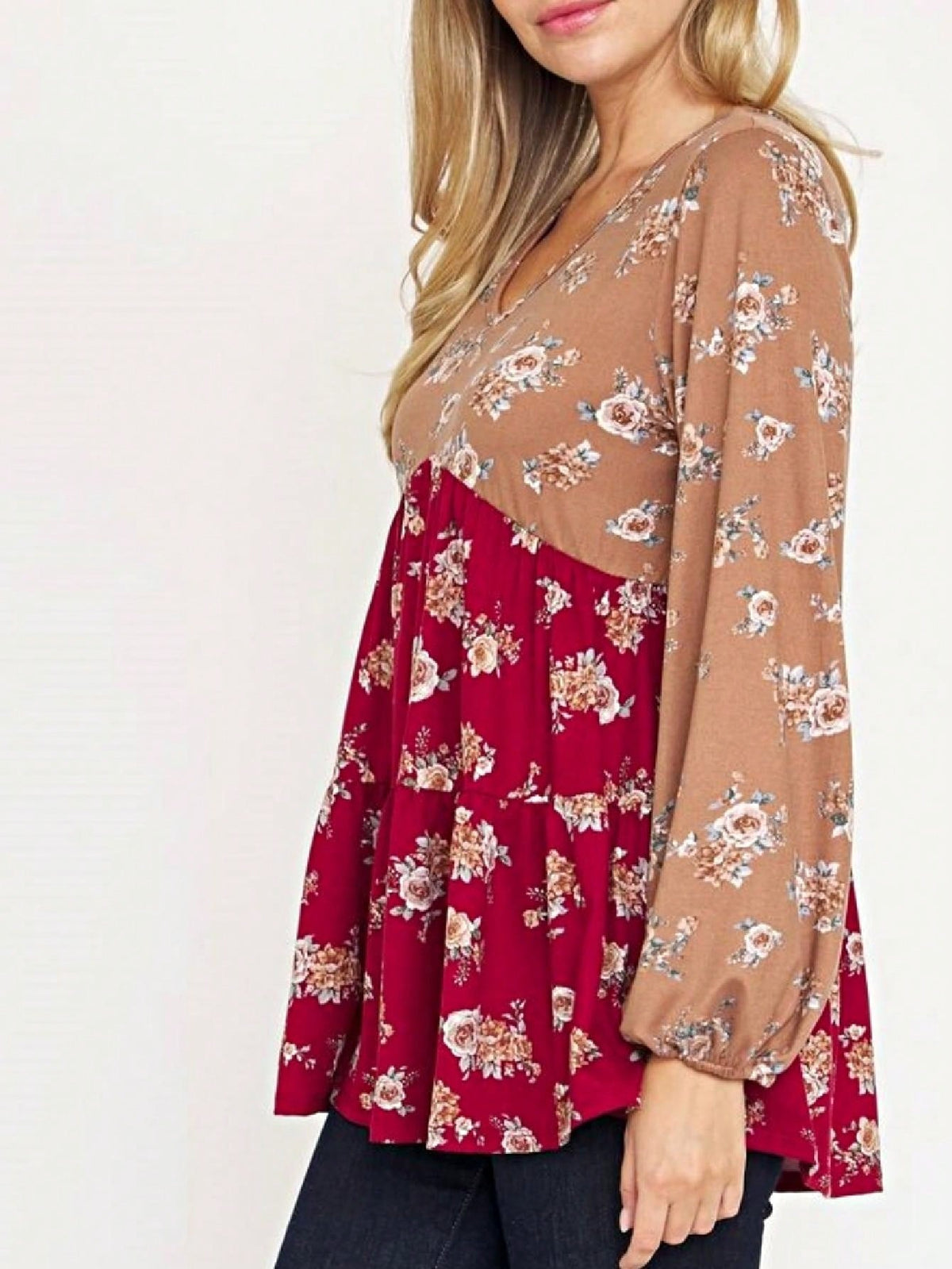 Boho Retro 90's Vintage Ditsy Floral V Neck Empire Waist  Bubble Puff Long Sleeve Tunic Top