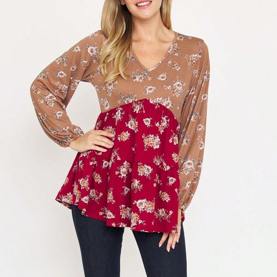 Boho Retro 90's Vintage Ditsy Floral V Neck Empire Waist  Bubble Puff Long Sleeve Tunic Top