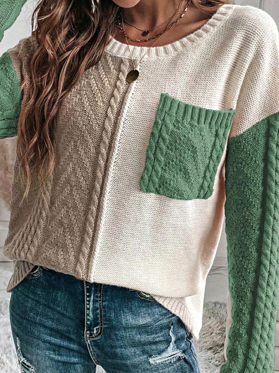 Green Pink Boho Retro Vintage 60's  Drop Shoulder Cable Knit Sleeve  Cozy Pocketed Sweater