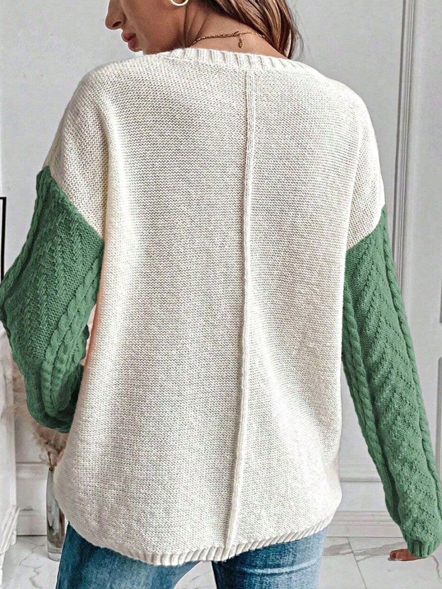 Green Pink Boho Retro Vintage 60's  Drop Shoulder Cable Knit Sleeve  Cozy Pocketed Sweater