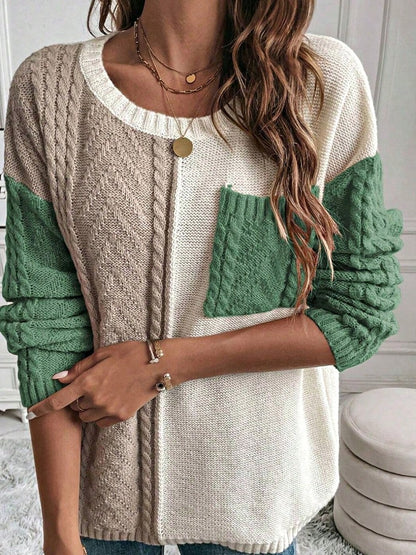 Green Pink Boho Retro Vintage 60's  Drop Shoulder Cable Knit Sleeve  Cozy Pocketed Sweater