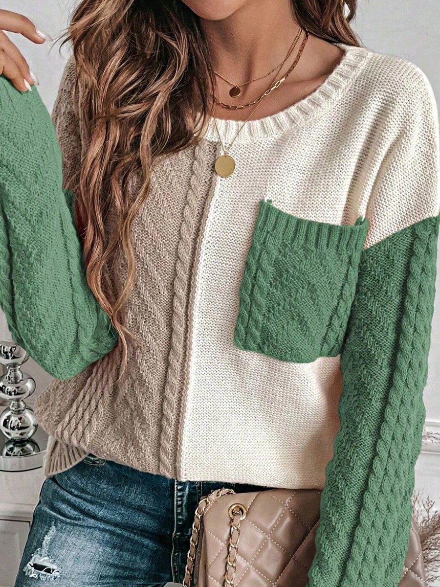 Green Pink Boho Retro Vintage 60's  Drop Shoulder Cable Knit Sleeve  Cozy Pocketed Sweater